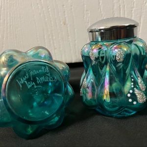 Vintage hand painted iridescent Fenton tear drop salt and pepper shaker.